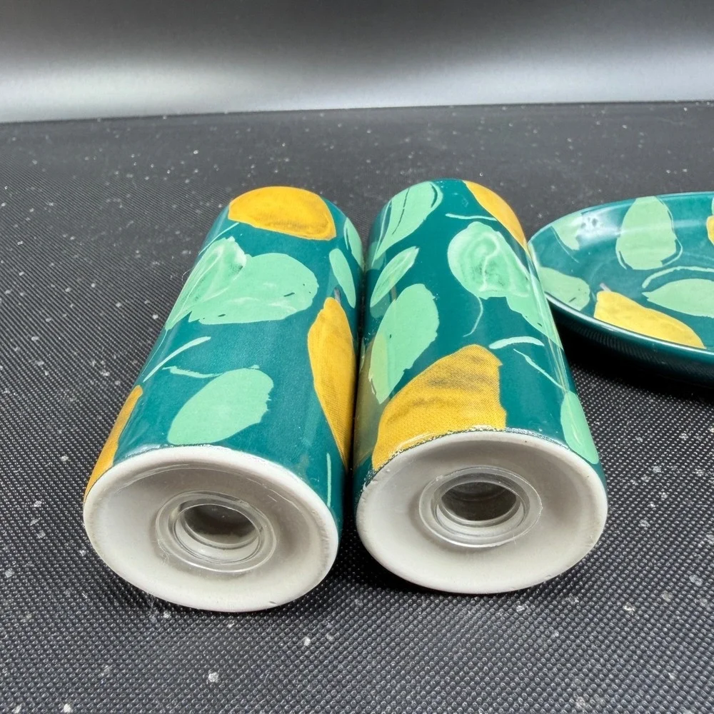 Anthropologie Pear Salt and Pepper Shakers with Tray Teal Green Yellow Ceramic
